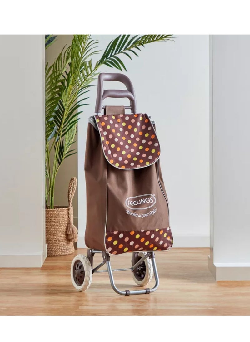 Feelings FEELINGS Folding Essential Shopping Trolley- WHEELS BROWN POLKA DOTS |Fabric Luggage Bag with Wheels  - Image 1