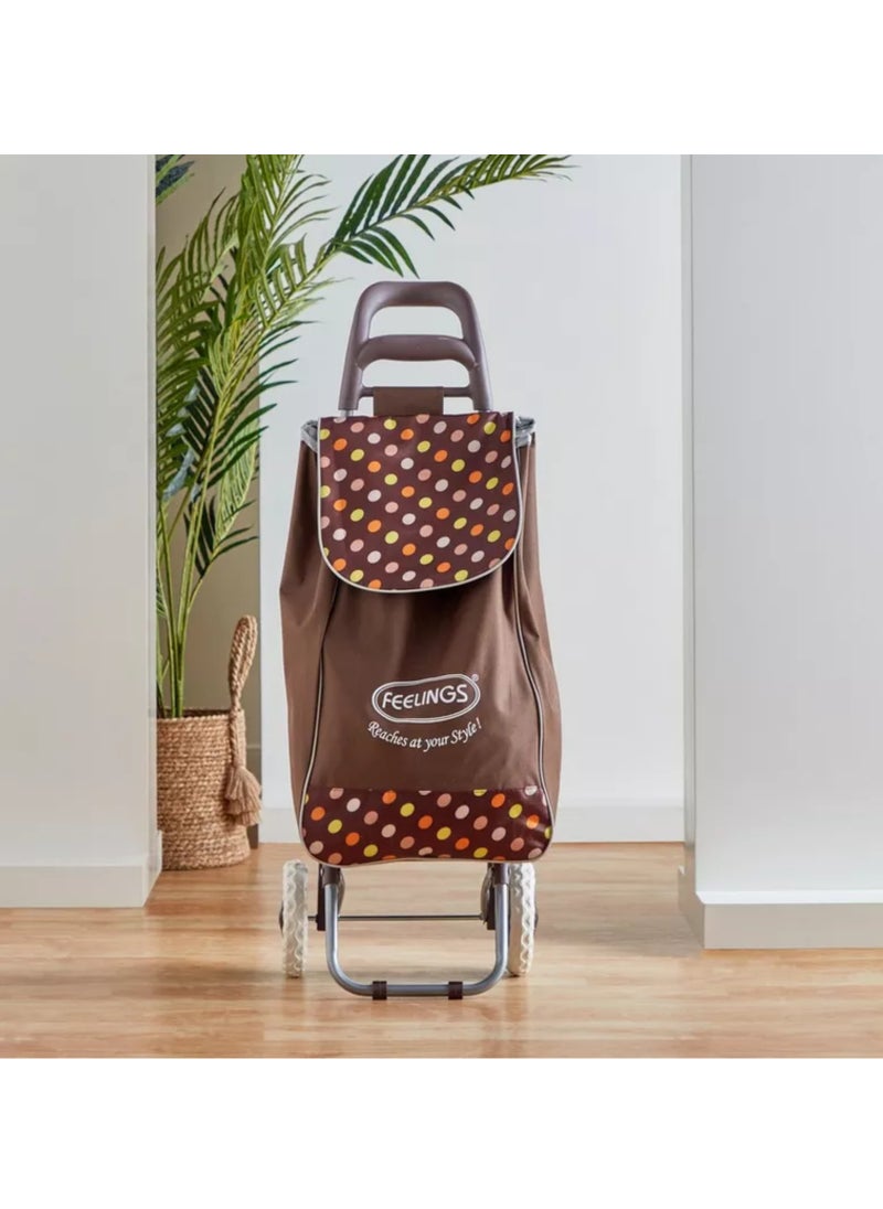 Feelings FEELINGS Folding Essential Shopping Trolley- WHEELS BROWN POLKA DOTS |Fabric Luggage Bag with Wheels  - Image 2