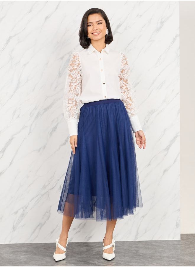 Styli - Mesh Elasticated Waist A-Line Midi Skirt - Image 1