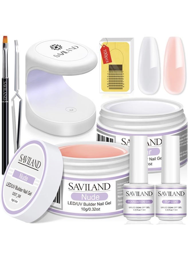Saviland Builder Nail Gel Set - 2 Basic Colors Nail Extension Kit Clear Nude Nail Strengthen Gel with Nail Lamp Nail Brush 100 Pcs Nail Forms for Nail Thickening at Home Nail Salon, Nail Art DIY - Image 1
