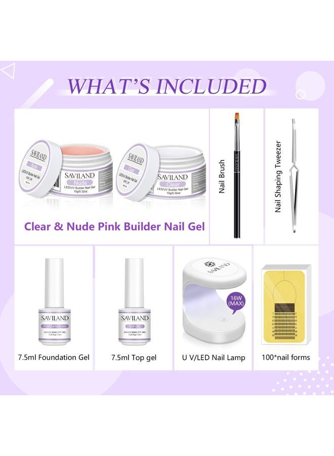 Saviland Builder Nail Gel Set - 2 Basic Colors Nail Extension Kit Clear Nude Nail Strengthen Gel with Nail Lamp Nail Brush 100 Pcs Nail Forms for Nail Thickening at Home Nail Salon, Nail Art DIY - Image 2