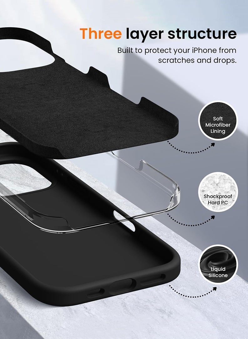 Theodor iPhone 16 Pro Black Protective Slim Fit Case Liquid Silicone Cover with Full Body Protection Anti-Scratch Shockproof Case For iPhone - Go - Image 4