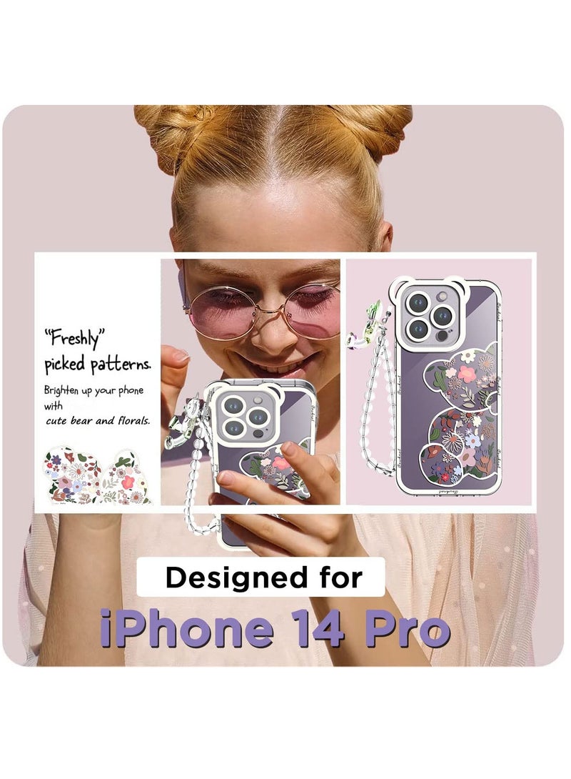 KASTWAVE Compatible with iPhone 14 Pro Case, Cute Flowers Bear Camera Protector Clear Case Cover with Lovely Strap Bracelet Chain Girls Women Case for iPhone 14 ProIPHONE 14 PRO CASE: Bear Floral Series iPhone - Image 2