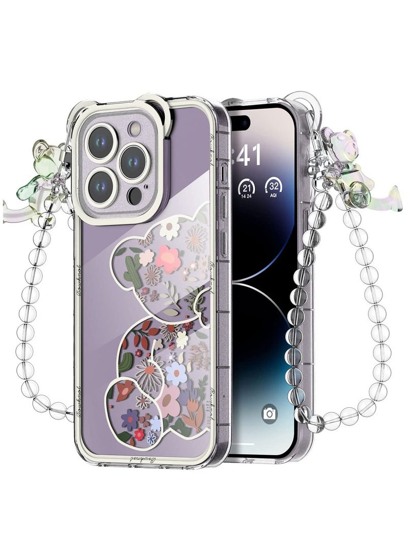 KASTWAVE Compatible with iPhone 14 Pro Case, Cute Flowers Bear Camera Protector Clear Case Cover with Lovely Strap Bracelet Chain Girls Women Case for iPhone 14 ProIPHONE 14 PRO CASE: Bear Floral Series iPhone - Image 1