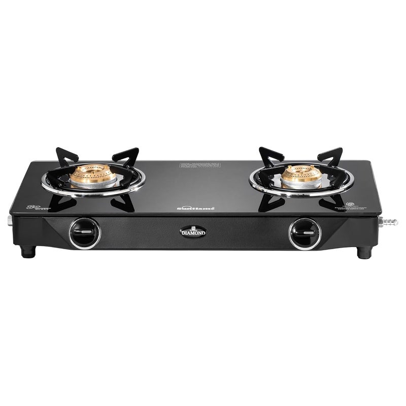 SUNFLAME Diamond 2 Burner Gas Stove | 1 Medium and 1 Small Brass Burners | 2-Years Product Coverage by | Manual Ignition | Ergonomic Knobs | Toughened Glass Top | PAN India Presence| Black - Image 1