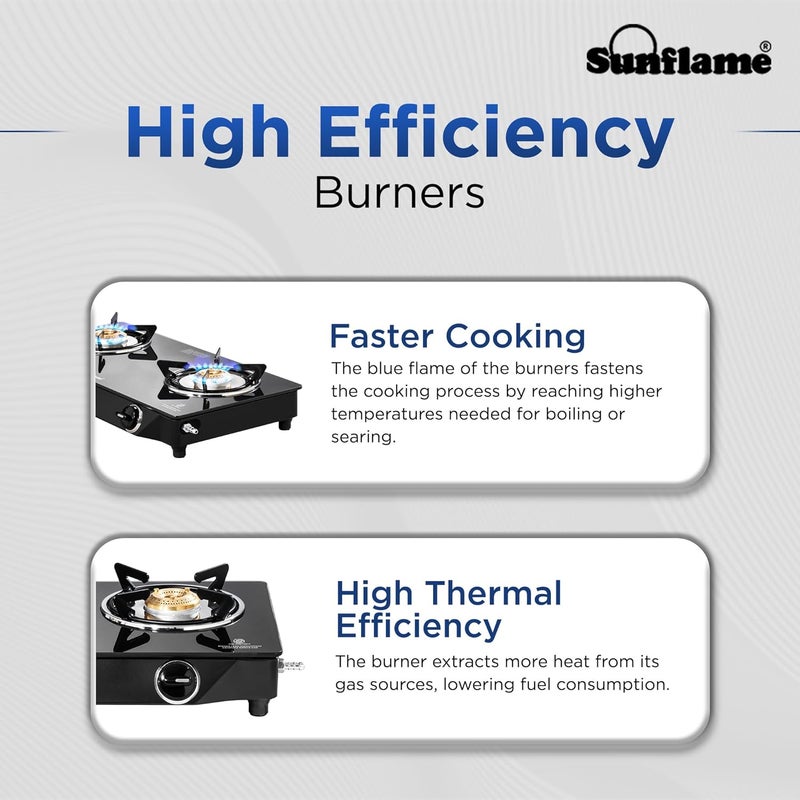 SUNFLAME Diamond 2 Burner Gas Stove | 1 Medium and 1 Small Brass Burners | 2-Years Product Coverage by | Manual Ignition | Ergonomic Knobs | Toughened Glass Top | PAN India Presence| Black - Image 3