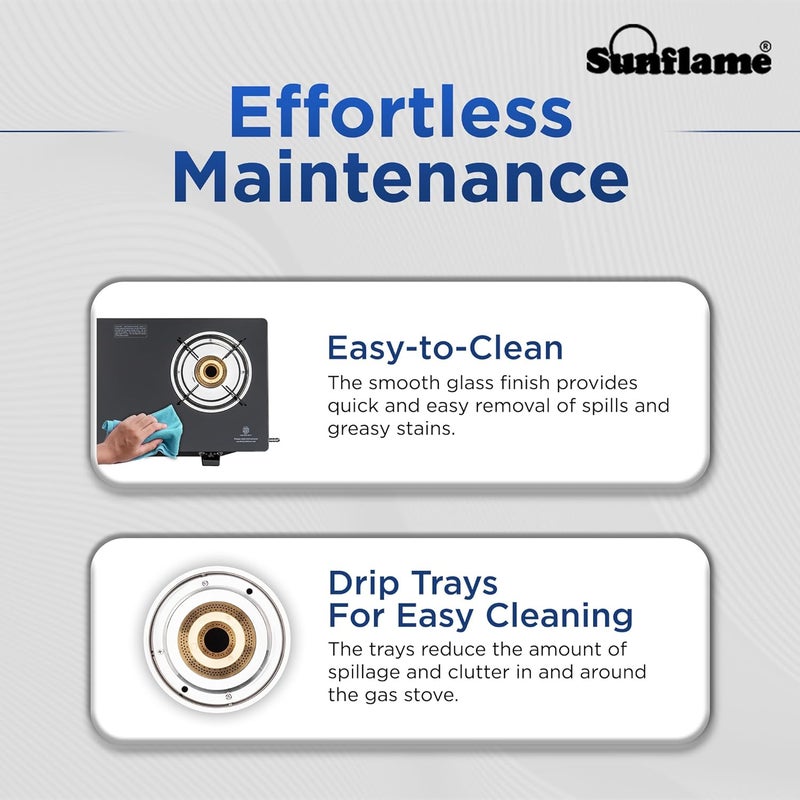 SUNFLAME Diamond 2 Burner Gas Stove | 1 Medium and 1 Small Brass Burners | 2-Years Product Coverage by | Manual Ignition | Ergonomic Knobs | Toughened Glass Top | PAN India Presence| Black - Image 5