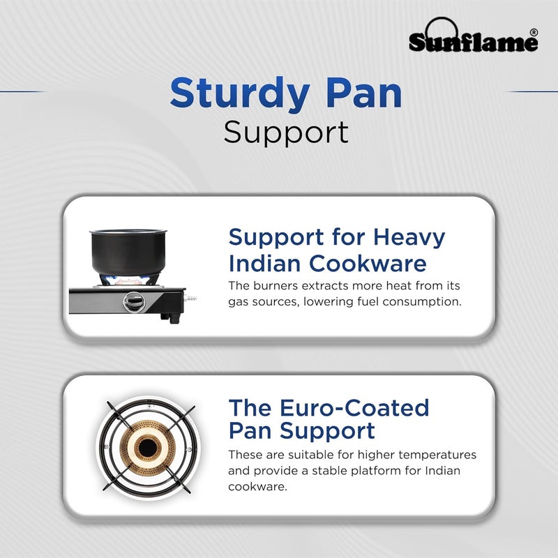 SUNFLAME Diamond 2 Burner Gas Stove | 1 Medium and 1 Small Brass Burners | 2-Years Product Coverage by | Manual Ignition | Ergonomic Knobs | Toughened Glass Top | PAN India Presence| Black - Image 4