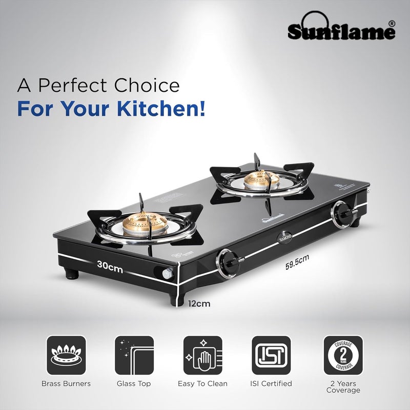 SUNFLAME Diamond 2 Burner Gas Stove | 1 Medium and 1 Small Brass Burners | 2-Years Product Coverage by | Manual Ignition | Ergonomic Knobs | Toughened Glass Top | PAN India Presence| Black - Image 2