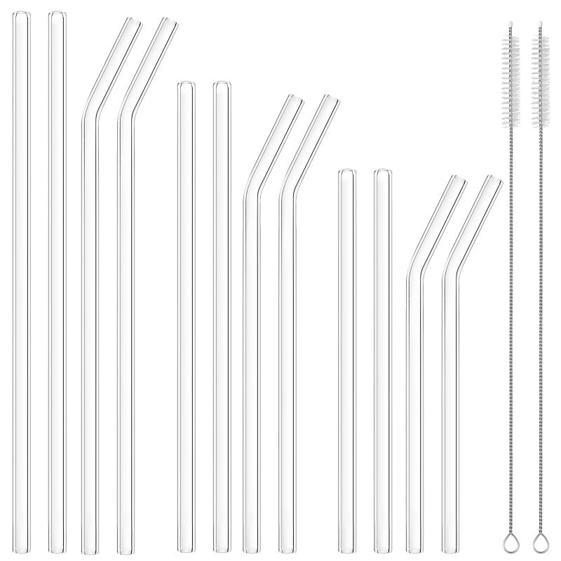 OKGD 12 Pcs Reusable Glass Straws - Size 12.2"x10mm,10.5"x10mm,8.5"x10mm,Including 6 Straight and 6 Bent Clear Glass Straws with 2 Cleaning Brush for for Smoothies, Shakes, Coffee, Juice, Cocktails - Image 1