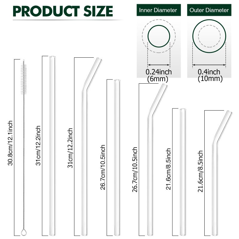 OKGD 12 Pcs Reusable Glass Straws - Size 12.2"x10mm,10.5"x10mm,8.5"x10mm,Including 6 Straight and 6 Bent Clear Glass Straws with 2 Cleaning Brush for for Smoothies, Shakes, Coffee, Juice, Cocktails - Image 2