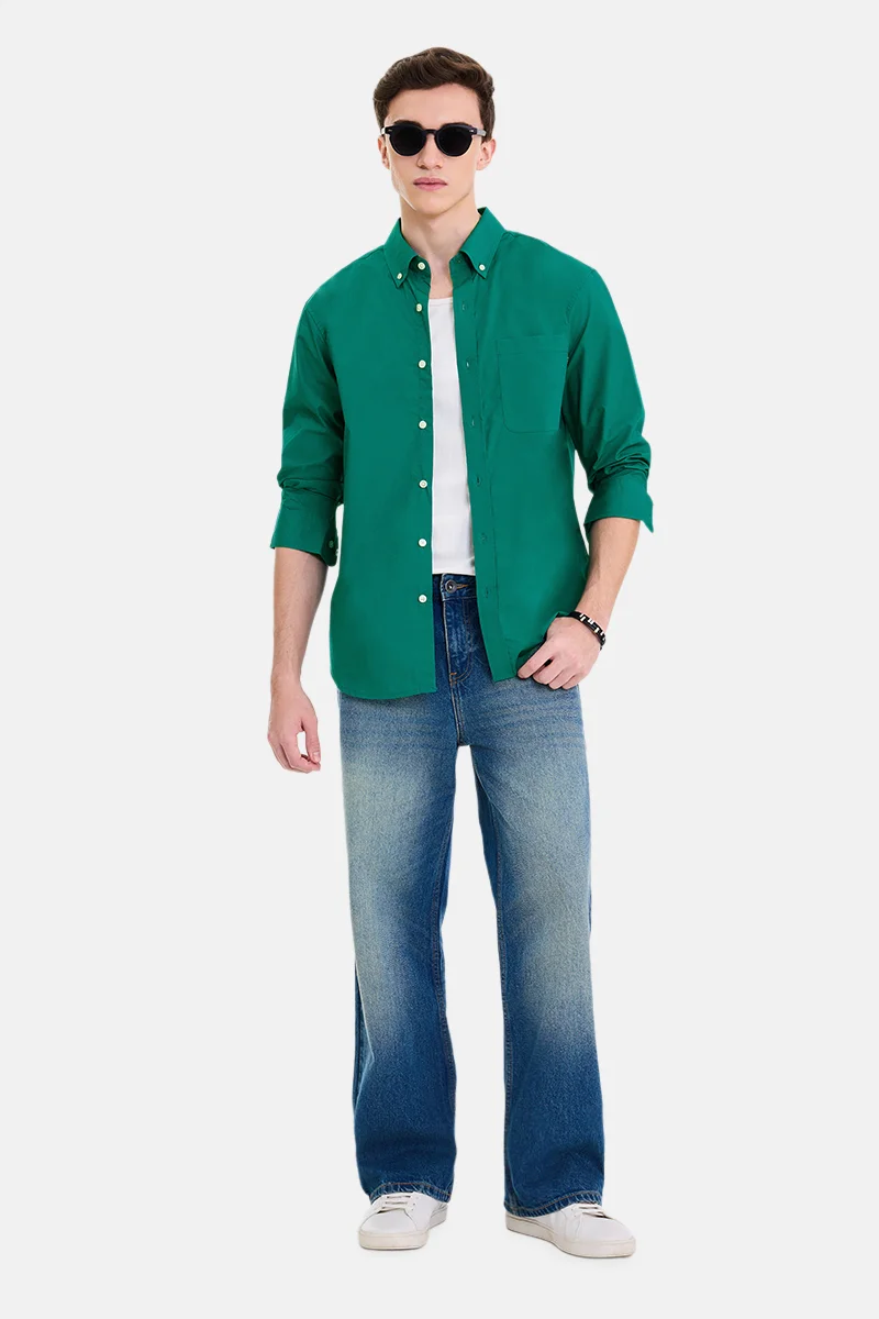 سنيتش Green Solid Long Sleeve Regular Fit Casual Shirt