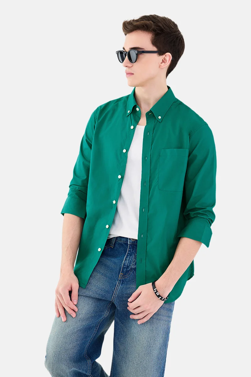 سنيتش Green Solid Long Sleeve Regular Fit Casual Shirt