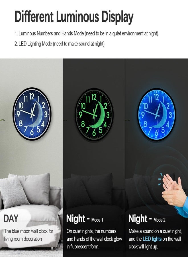 JoFomp LED Light Up Wall Clock, 12 Inch Silent Glow in Dark, Blue Moon Night Light for Living Room Decor, Sound Control for Bedroom - Image 4