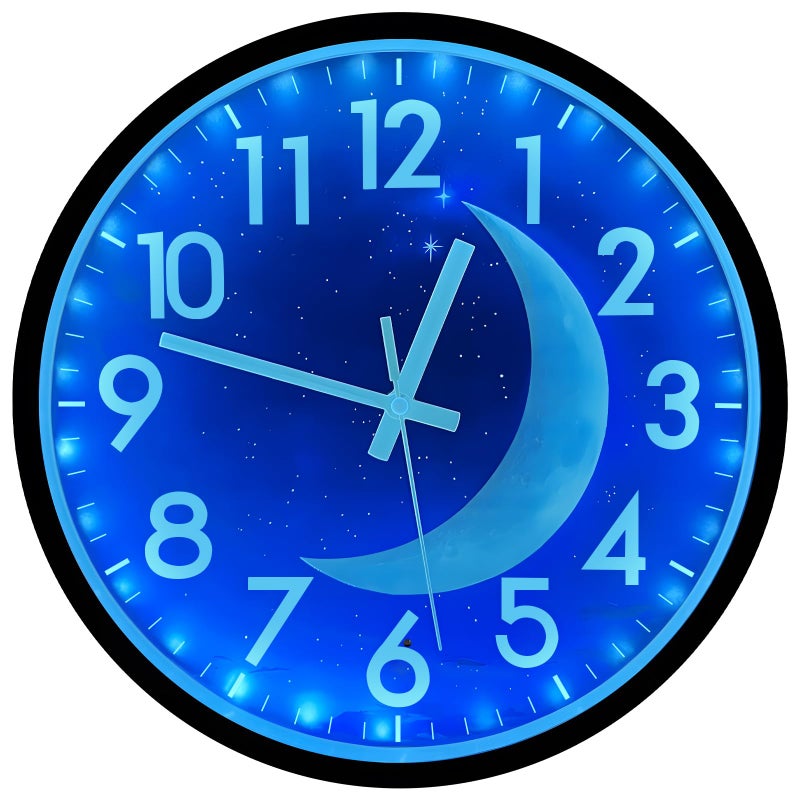 JoFomp LED Light Up Wall Clock, 12 Inch Silent Glow in Dark, Blue Moon Night Light for Living Room Decor, Sound Control for Bedroom - Image 1