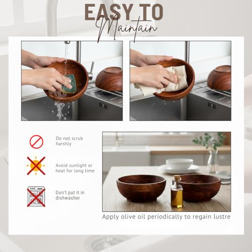 SAAGA Acacia Round Wooden Bowl 2Pcs Set - 5 Inch X 2.25 Inch - Multipurpose Bowls Set for Soup, Salad, Fruits, Vegetable, Dough Making & Snacks - Image 5
