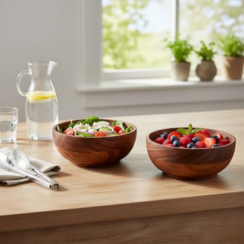 SAAGA Acacia Round Wooden Bowl 2Pcs Set - 5 Inch X 2.25 Inch - Multipurpose Bowls Set for Soup, Salad, Fruits, Vegetable, Dough Making & Snacks - Image 1