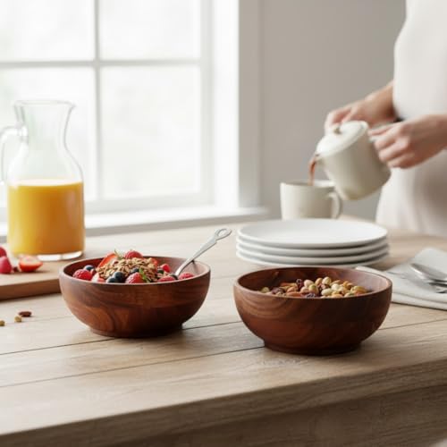 SAAGA Acacia Round Wooden Bowl 2Pcs Set - 5 Inch X 2.25 Inch - Multipurpose Bowls Set for Soup, Salad, Fruits, Vegetable, Dough Making & Snacks - Image 3