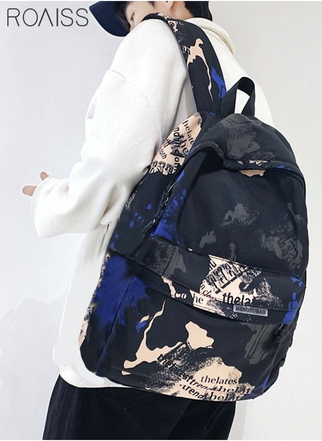 roaiss Unisex Colorblock Letter Graphic Backpack Casual School Bag Personality All-match Leisure Bookbag for Girls Boys Middle High College Student Travel Black/Blue  - Image 1