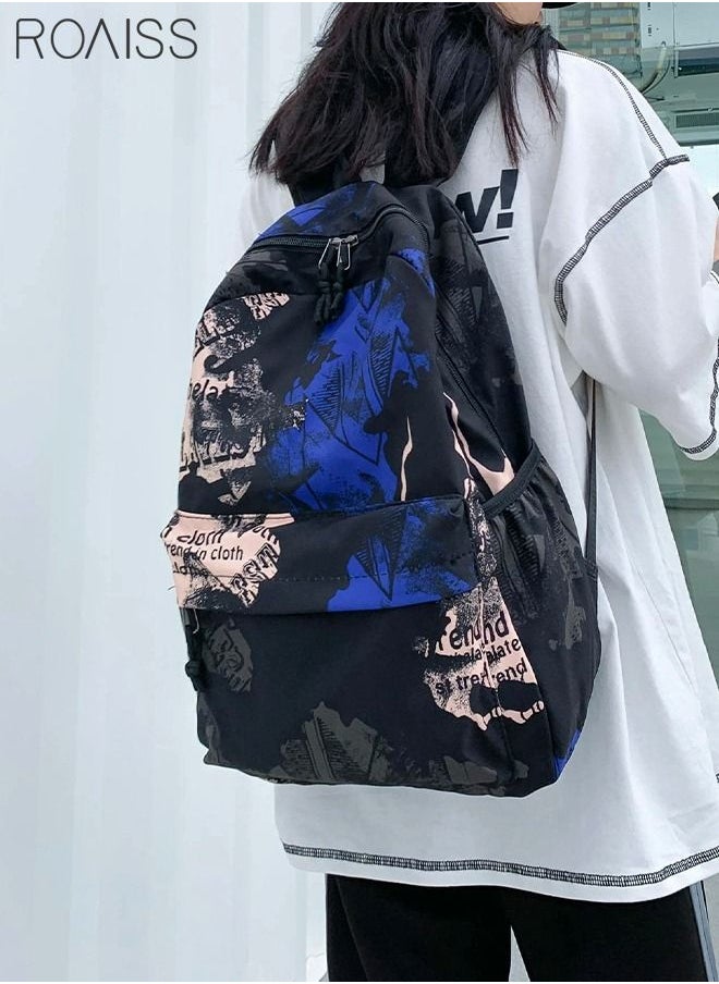 roaiss Unisex Colorblock Letter Graphic Backpack Casual School Bag Personality All-match Leisure Bookbag for Girls Boys Middle High College Student Travel Black/Blue  - Image 2