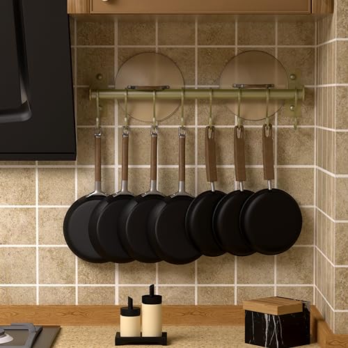 Dseap Kitchen Utensil Holder Hanger, Pot and Pan Rack Wall Mounted, Kitchen Rail with 8 Hooks for Hanging Cooking Utensils, Mugs, Spoons, Wall Mounted, Antique Copper New - Image 2