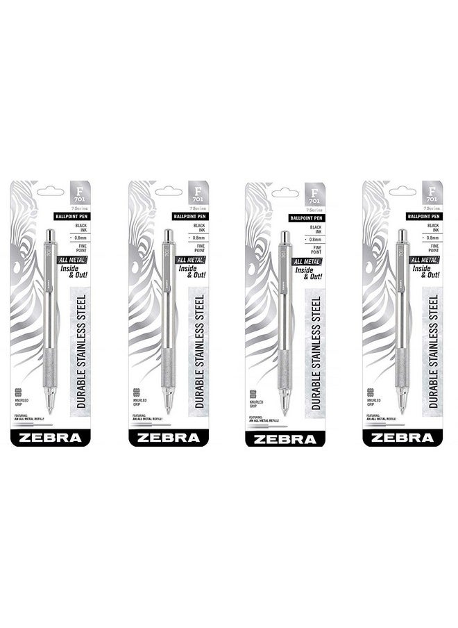 Zebra Pen Zebra 29411 F-701 Ballpoint Stainless Steel Retractable Pen, Fine Point, 0.8Mm, Black Ink (4)  - Image 1