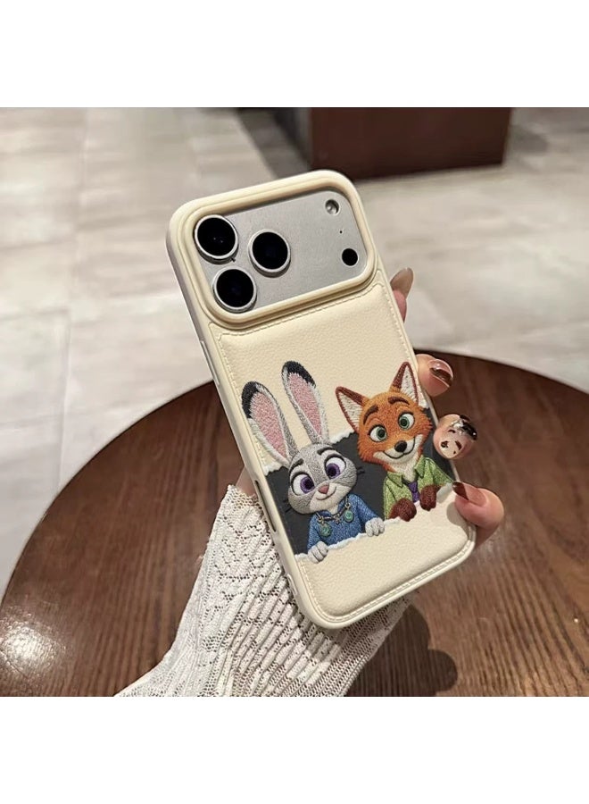 Apple iPhone 17 Pro phone case with a white cartoon design featuring a puffy fox and rabbit for added protection against drops