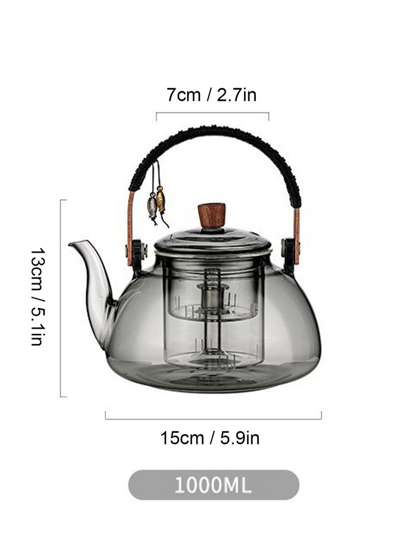 GGOOT 1000ml Japanese style glass teapot with detachable insert, stove style safety teapot, flowering and leaf scattering tea set (gray) - Image 3