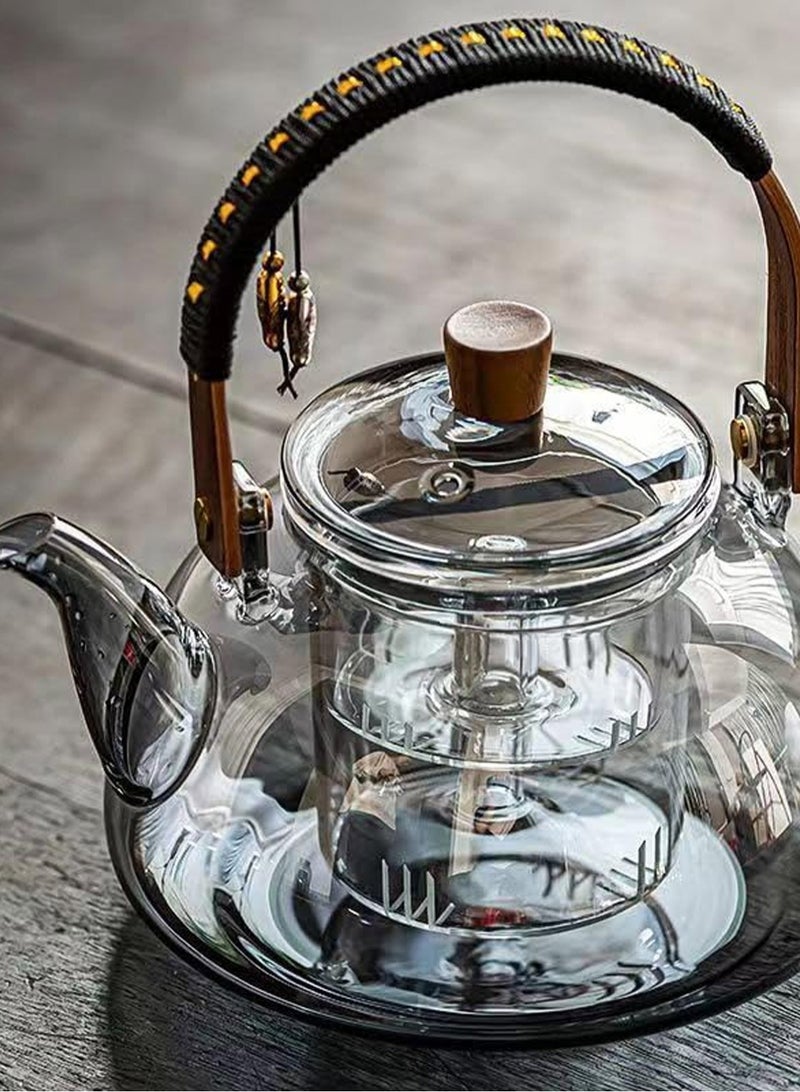 GGOOT 1000ml Japanese style glass teapot with detachable insert, stove style safety teapot, flowering and leaf scattering tea set (gray) - Image 4