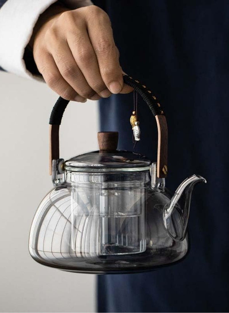GGOOT 1000ml Japanese style glass teapot with detachable insert, stove style safety teapot, flowering and leaf scattering tea set (gray) - Image 2