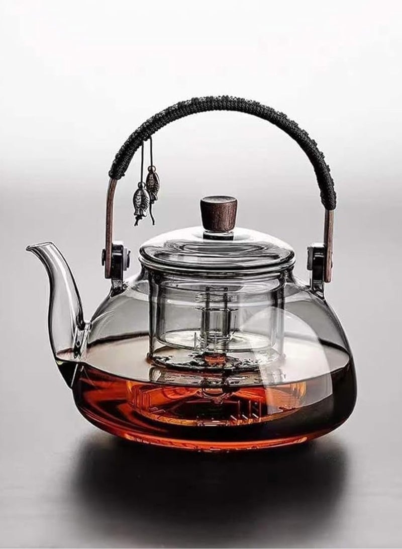 GGOOT 1000ml Japanese style glass teapot with detachable insert, stove style safety teapot, flowering and leaf scattering tea set (gray) - Image 1