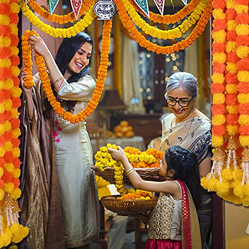 DIYANA IMPEX Marigold Garland for Decoration 5 Pcs of 5 feet Long Strands Artificial Marigold Flowers with Bell, Indian Décor for Pooja/Diwali Decorations/Christmas (Orange + Yellow) - Image 2
