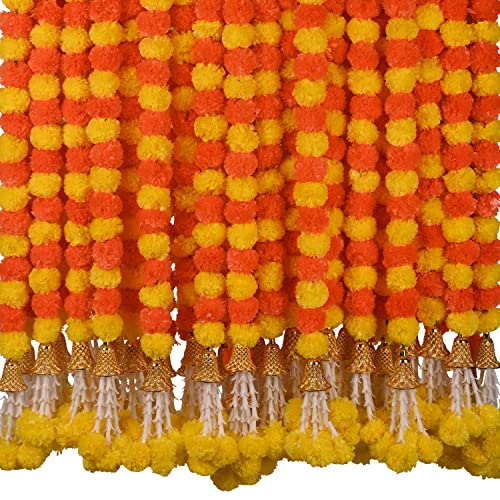 DIYANA IMPEX Marigold Garland for Decoration 5 Pcs of 5 feet Long Strands Artificial Marigold Flowers with Bell, Indian Décor for Pooja/Diwali Decorations/Christmas (Orange + Yellow) - Image 1
