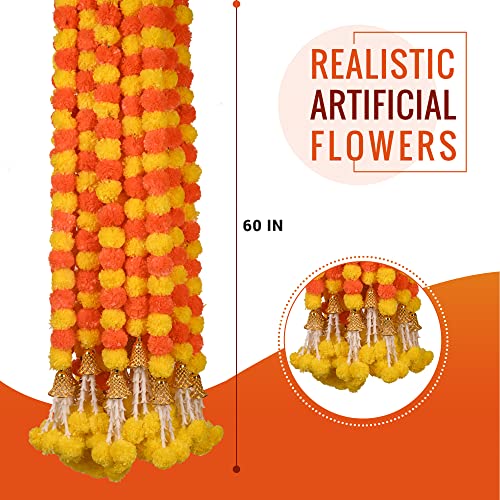 DIYANA IMPEX Marigold Garland for Decoration 5 Pcs of 5 feet Long Strands Artificial Marigold Flowers with Bell, Indian Décor for Pooja/Diwali Decorations/Christmas (Orange + Yellow) - Image 4