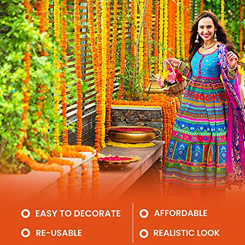 DIYANA IMPEX Marigold Garland for Decoration 5 Pcs of 5 feet Long Strands Artificial Marigold Flowers with Bell, Indian Décor for Pooja/Diwali Decorations/Christmas (Orange + Yellow) - Image 3