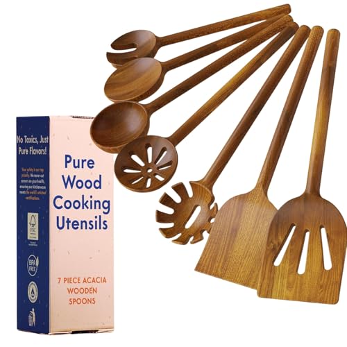 NonToxic Wooden Spoons for Cooking 7Piece Kitchen Utensils Set GlueFree  OnePiece Cooking Utensils Natural Wooden Utensil Set with PlantBased Finish Free of Forever Chemicals