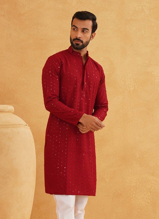Sojanya Maroon Ethnic Motifs Embroidered Kurta for Men - Image 5