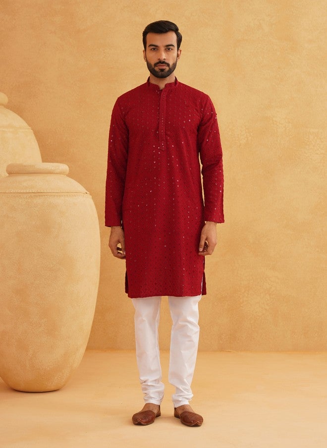 Sojanya Maroon Ethnic Motifs Embroidered Kurta for Men - Image 1