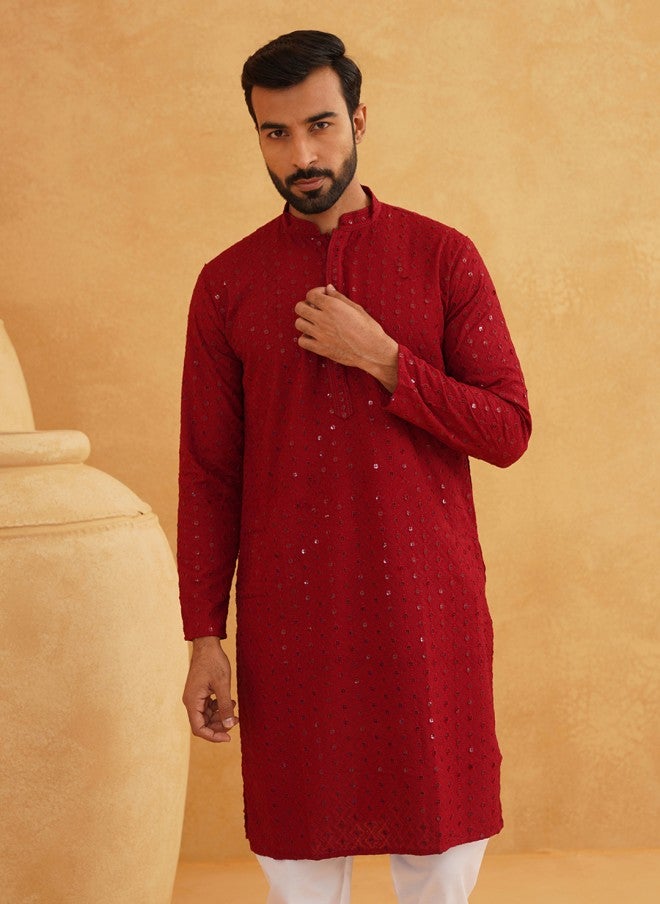 Sojanya Maroon Ethnic Motifs Embroidered Kurta for Men - Image 4