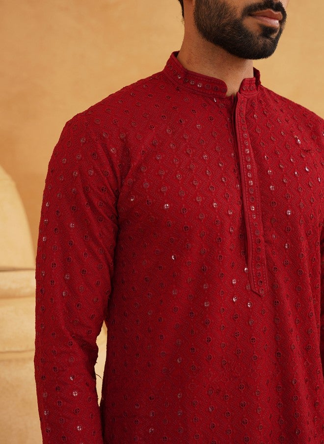 Sojanya Maroon Ethnic Motifs Embroidered Kurta for Men - Image 2