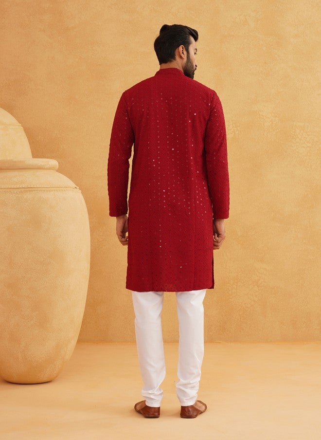 Sojanya Maroon Ethnic Motifs Embroidered Kurta for Men - Image 3