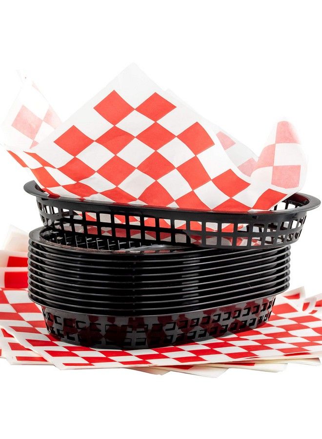 Avant Grub Retro Style Black Fast Food Basket (6 Pk) And Red Checkered Deli Liner (60 Pk) Combo. Classic 11 In Deli Baskets Are Microwavable And Dishwasher Safe. Disposable Deli Paper Squares For Easy Cleanup  - Image 1