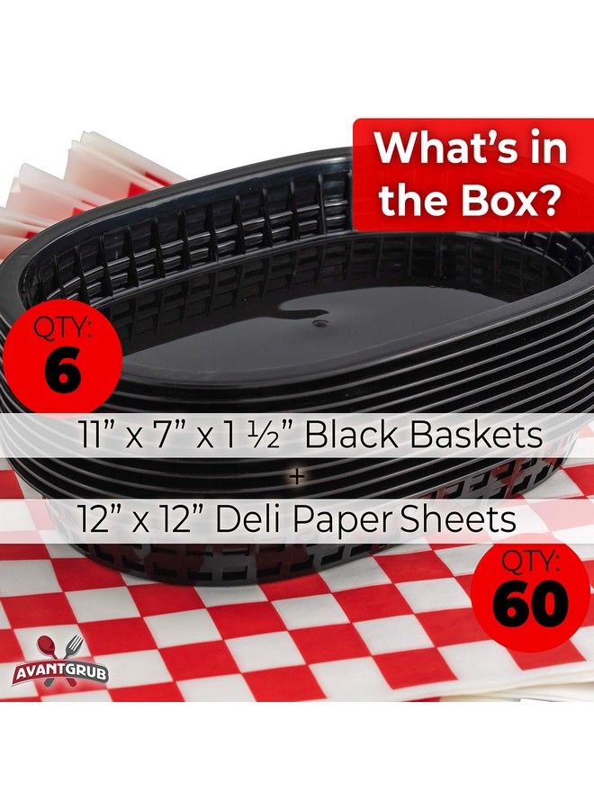 Avant Grub Retro Style Black Fast Food Basket (6 Pk) And Red Checkered Deli Liner (60 Pk) Combo. Classic 11 In Deli Baskets Are Microwavable And Dishwasher Safe. Disposable Deli Paper Squares For Easy Cleanup  - Image 3