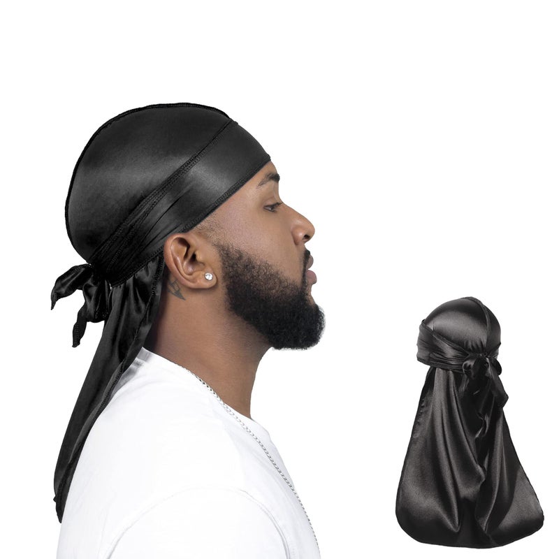 ForceWave 2 Pieces Silky Durag Pack for Men Women Waves, Premium Satin Deluxe Du-rag (Black Black) - Image 1