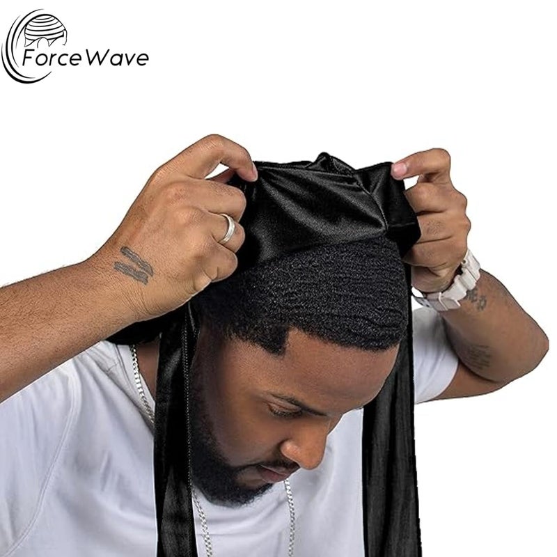 ForceWave 2 Pieces Silky Durag Pack for Men Women Waves, Premium Satin Deluxe Du-rag (Black Black) - Image 2
