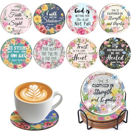 Sitsink Christian Diamond Painting Coasters 8 Pcs Christian Bible Verse Diamond Art Coasters Kit Religious Crafts - Image 1