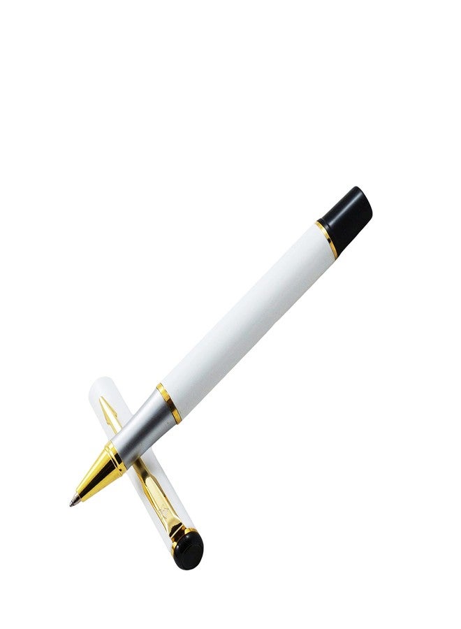auteur Executive 801 White Roller Ball Pen With Gold Plated Clip Metal Body Stunning Luxury Best Gift For Men & Women Professional Executive Office, Nice Pens (Blue Ink) - Image 1