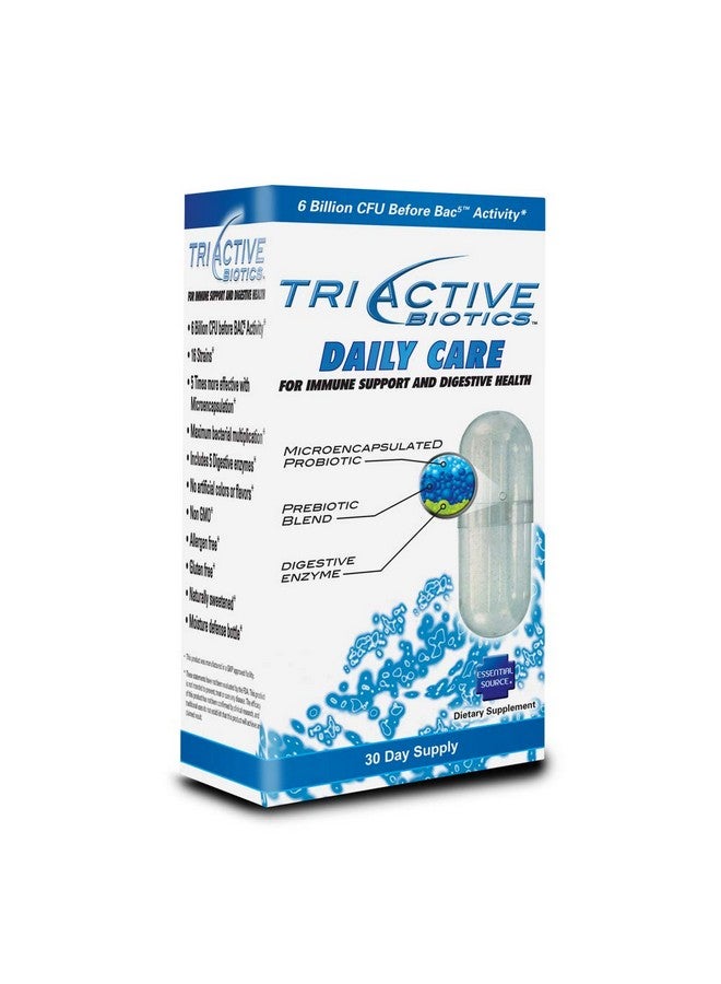إسينشال سورس Essential Source TriActive Biotics Daily Care - مزيج من البروبيوتيك والبريبايوتيك مع 6 مليار وحدة تشكيل مستعمرة - مكمل غذائي يحتوي على إنزيمات هضمية للرجال والنساء - يساعد في دعم صحة الأمعاء والدفاع المناعي - 30 كبسولة - Image 1