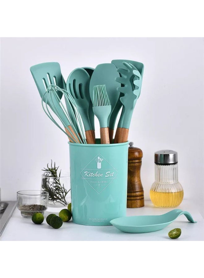 12-piece silicone serving set with holder – Stylish design with heat-resistant wooden handle for perfect kitchen organization. - Image 3