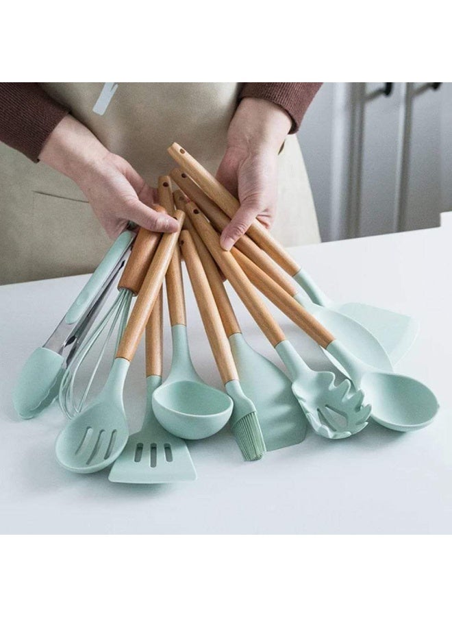 12-piece silicone serving set with holder – Stylish design with heat-resistant wooden handle for perfect kitchen organization. - Image 2